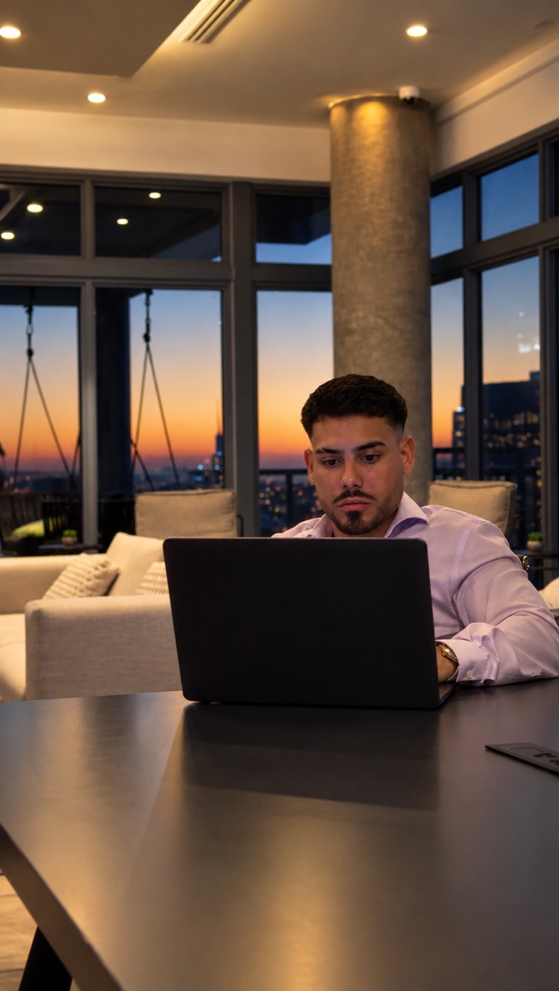 Adrian Godoy revisando un perfil de crédito en su laptop al atardecer