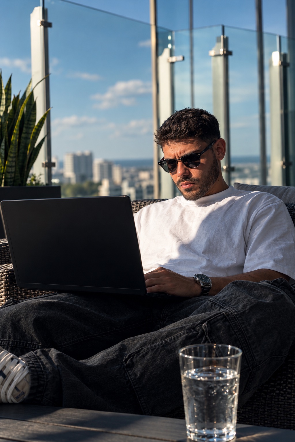 Adrian Godoy trabajando en su laptop en una terraza de Miami