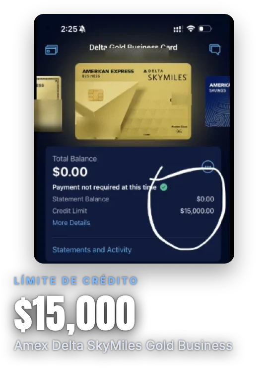 Límite de crédito de 15,000 dólares en Amex Delta SkyMiles Gold Business