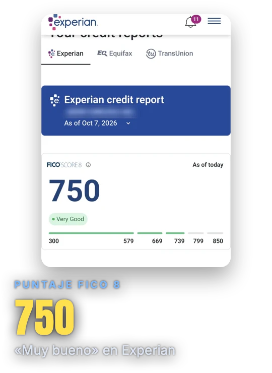 Puntaje FICO 8 de 750, muy bueno en Experian