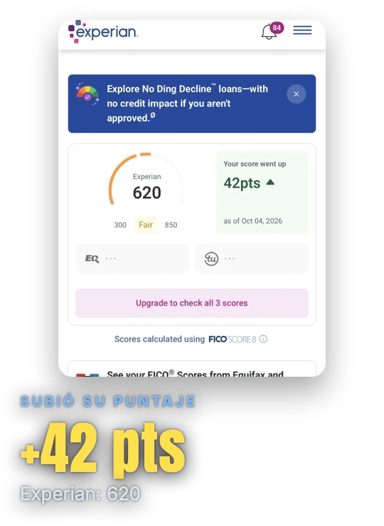 Puntaje Experian 620, subió 42 puntos